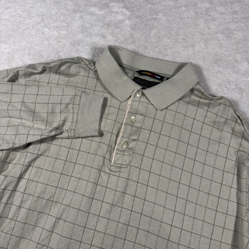 Greg Norman Polo Shirt Men XL Olive Tan 60/2 Mercerized Cotton Long Sleeve Check